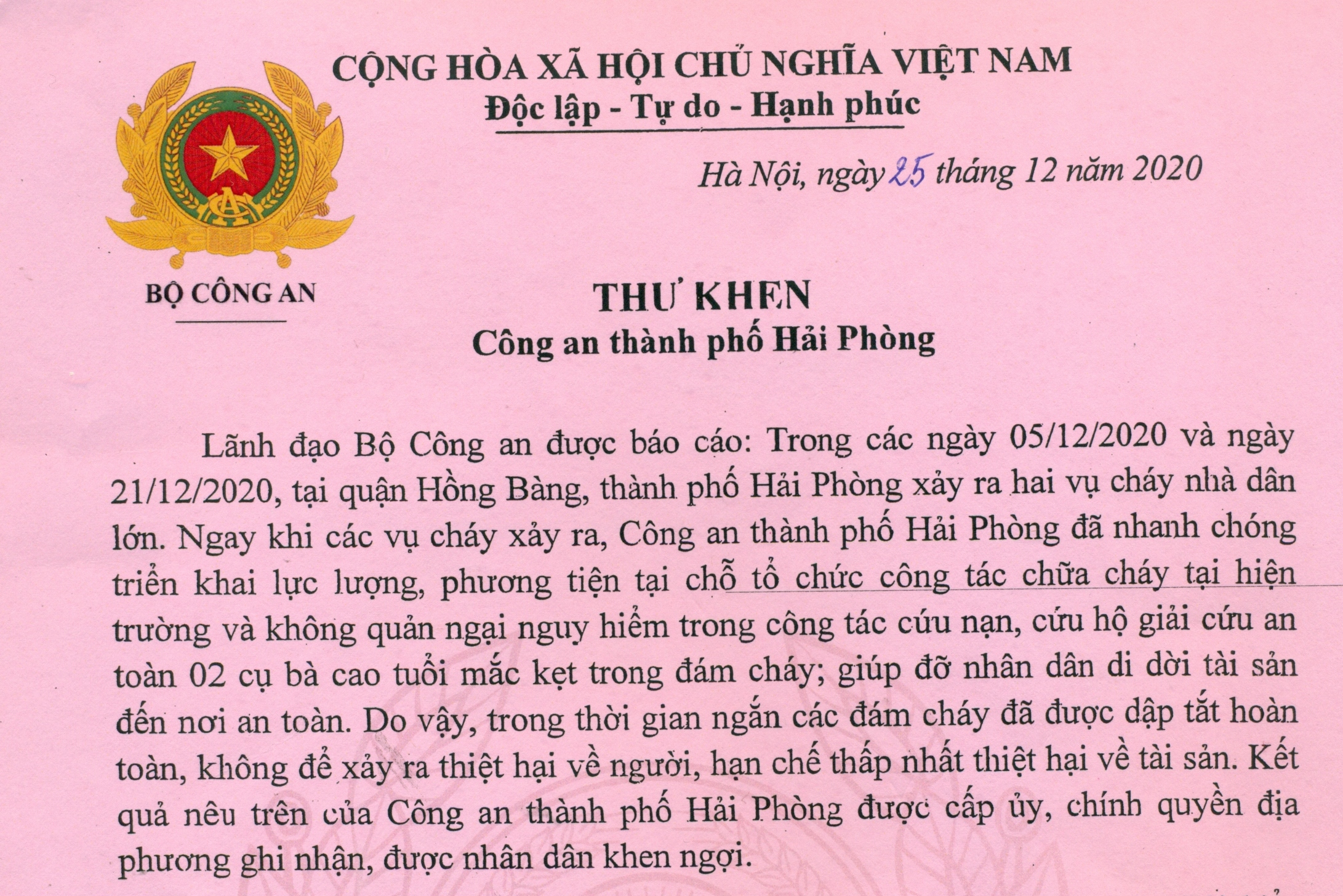 Bộ trưởng Bộ Công an gửi thư khen Công an thành phố Hải Phòng